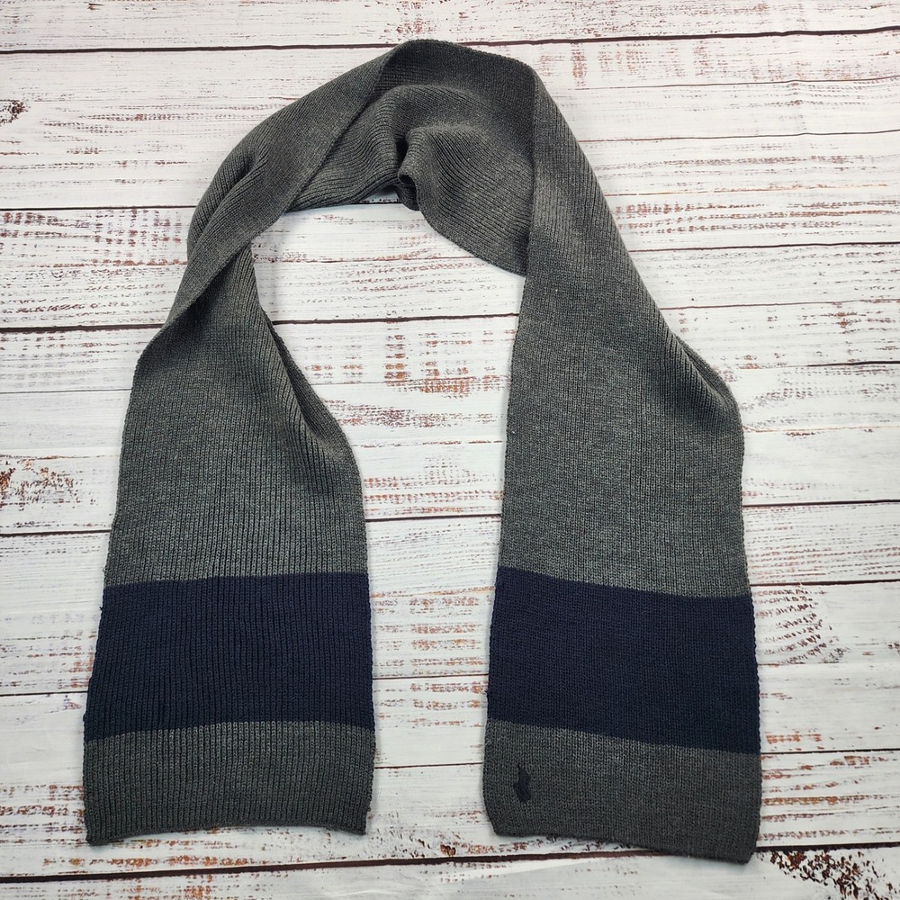 Polo Ralph Lauren Men's Colorblock Rib Knit Scarf One Size Gray Navy Pony